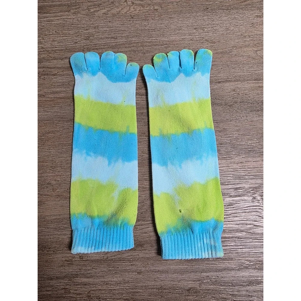 Toe Socks Tie-Die Pattern Ribbed Cuff Blue Green Small